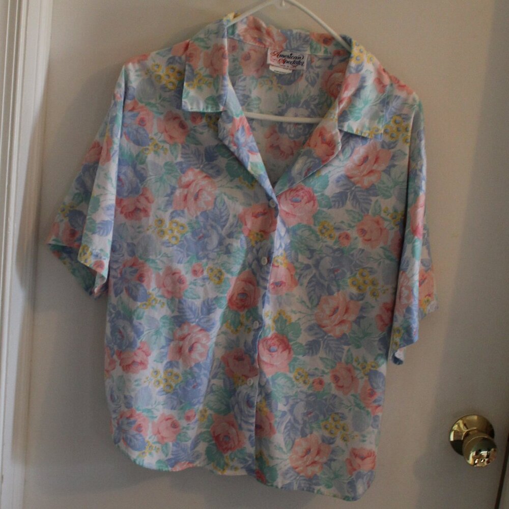 Vintage Land N Sea Floral Blouse White Blue Pink Short Sleeve Button up